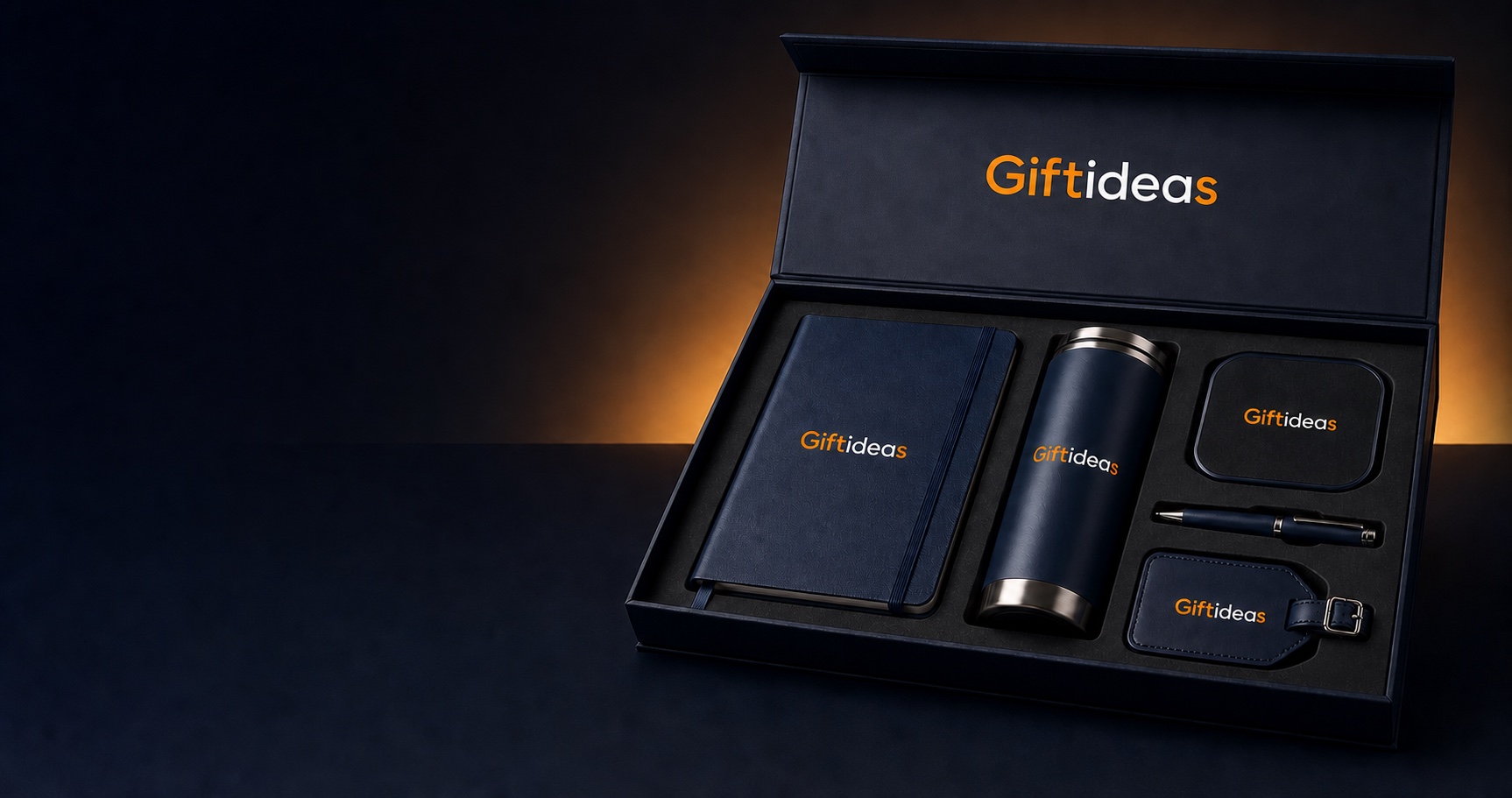 Premium Giftideas client and VIP executive gift set photographed in a navy studio