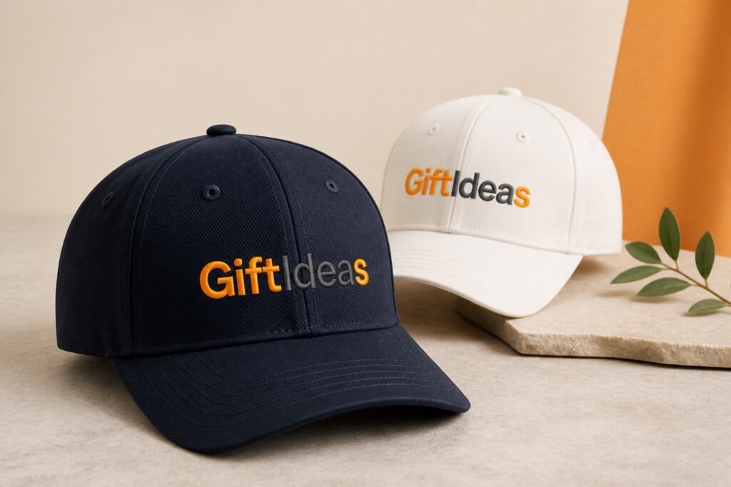 Giftideas embroidered corporate caps in navy and white for branded events and campaign kits