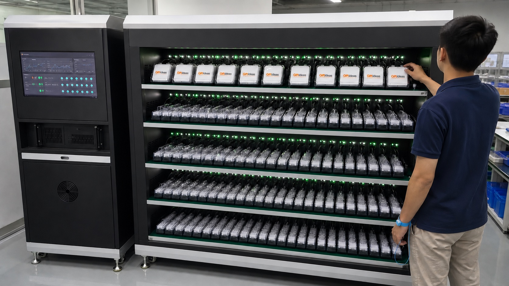 Giftideas promotional electronics undergoing high-volume digital ageing tests before shipment