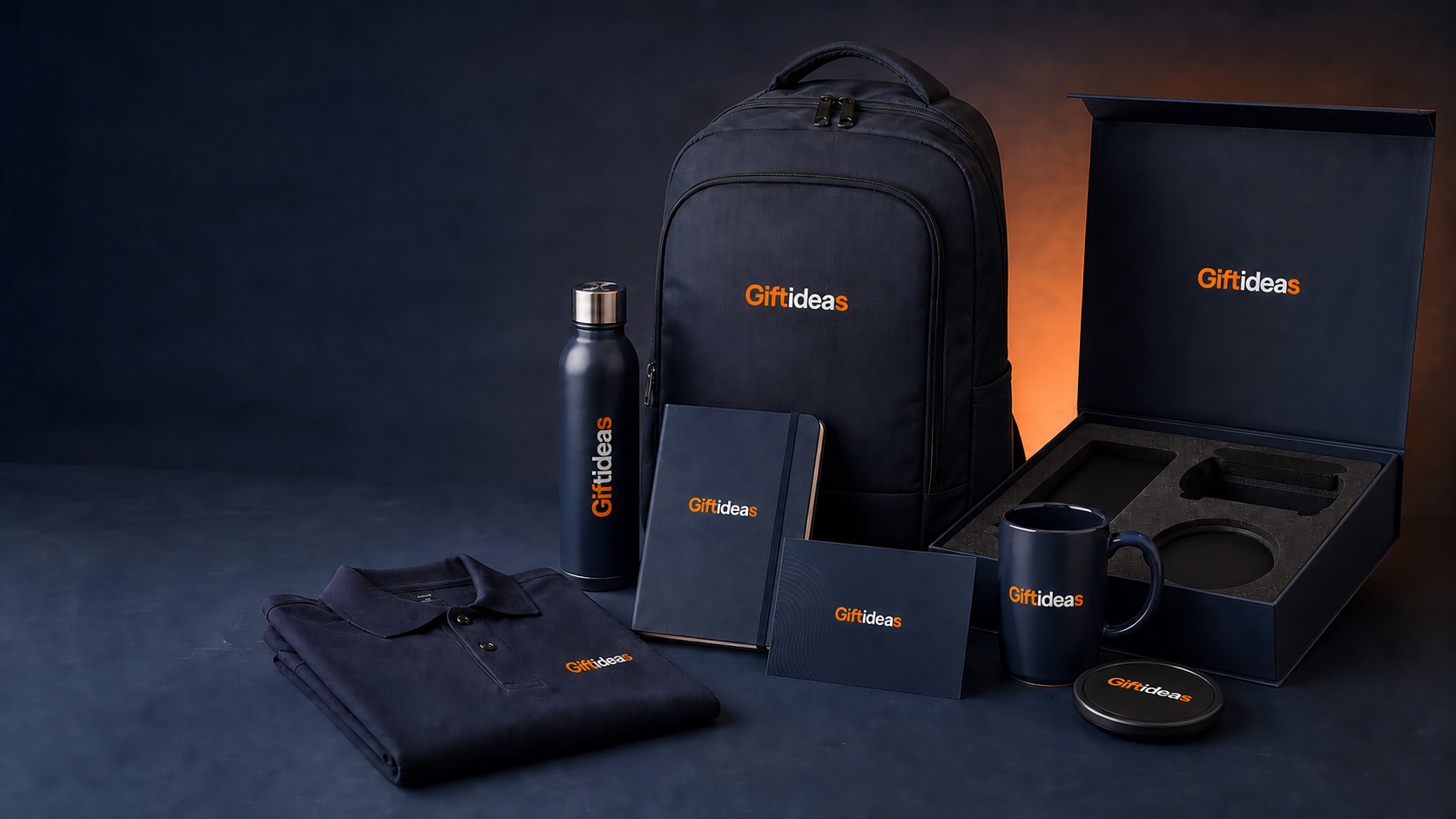 Giftideas branded employee welcome and recognition gift set photographed in a premium studio