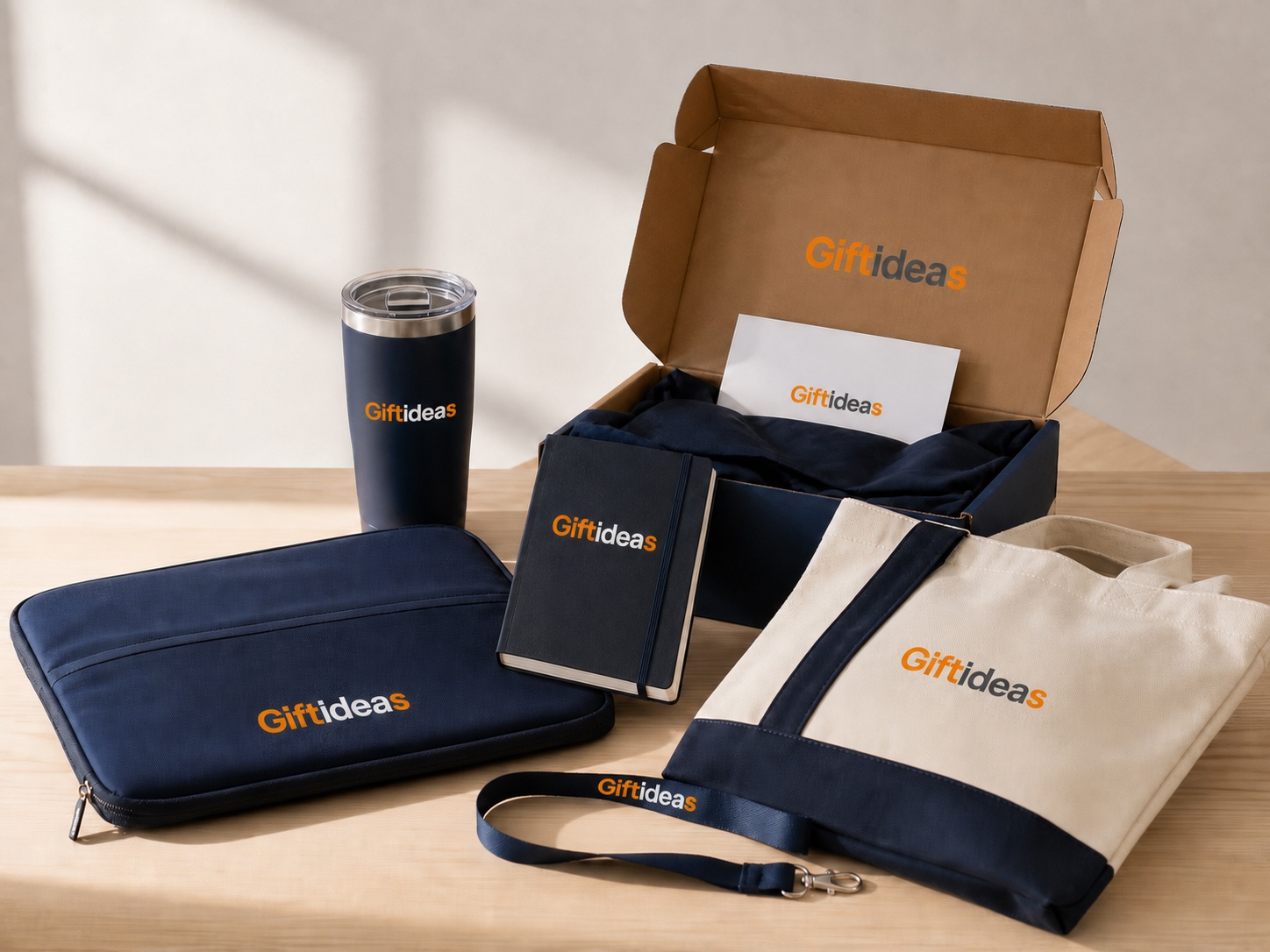 Giftideas branded employee onboarding kit photographed in natural studio light