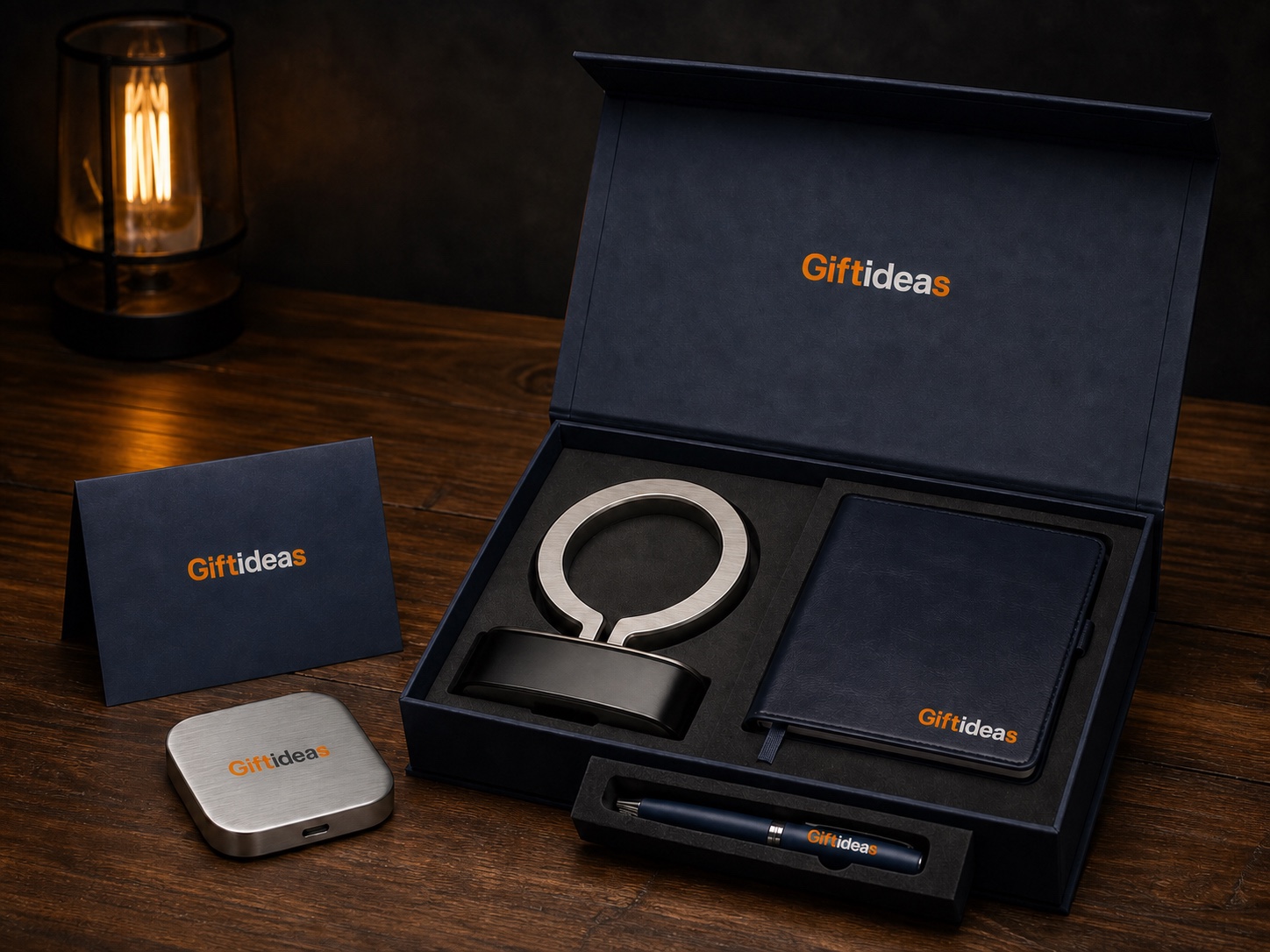 Giftideas employee recognition and milestone gift set in a premium studio setting