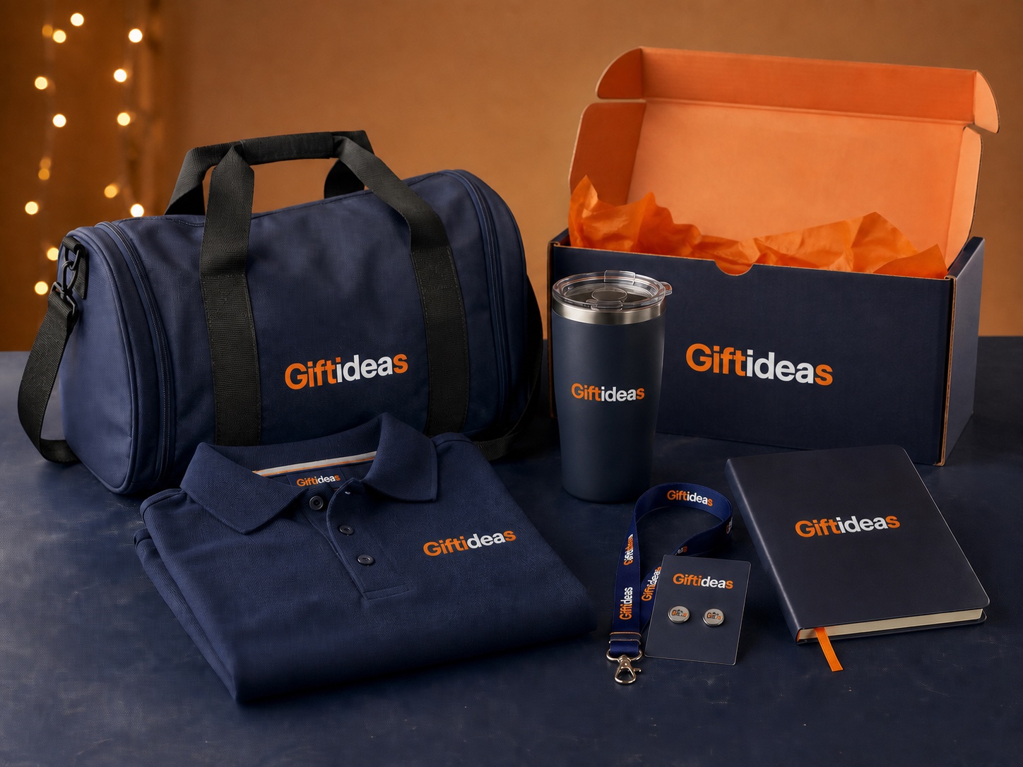 Giftideas seasonal employee gifting campaign kit in a warm studio setting