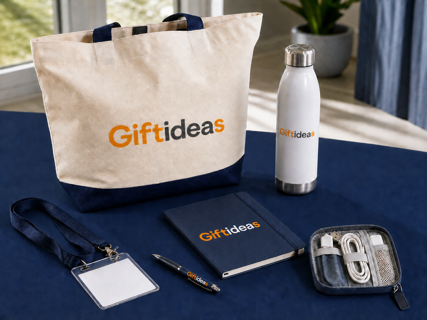 Giftideas conference delegate kit with branded tote, notebook, bottle and lanyard