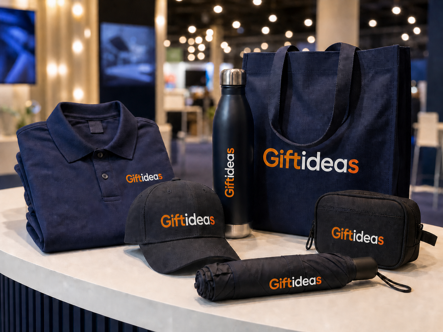Giftideas roadshow merchandise with branded apparel, caps, bags, bottles and umbrellas