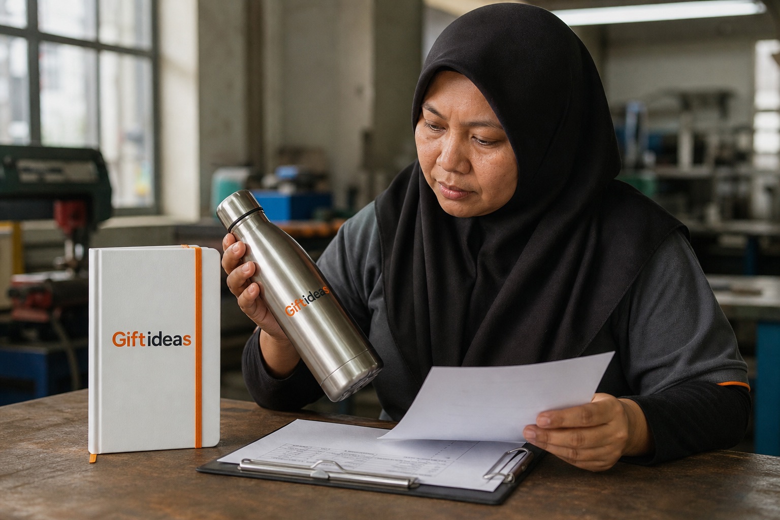Giftideas quality-control specialist inspecting branded corporate gifts before export