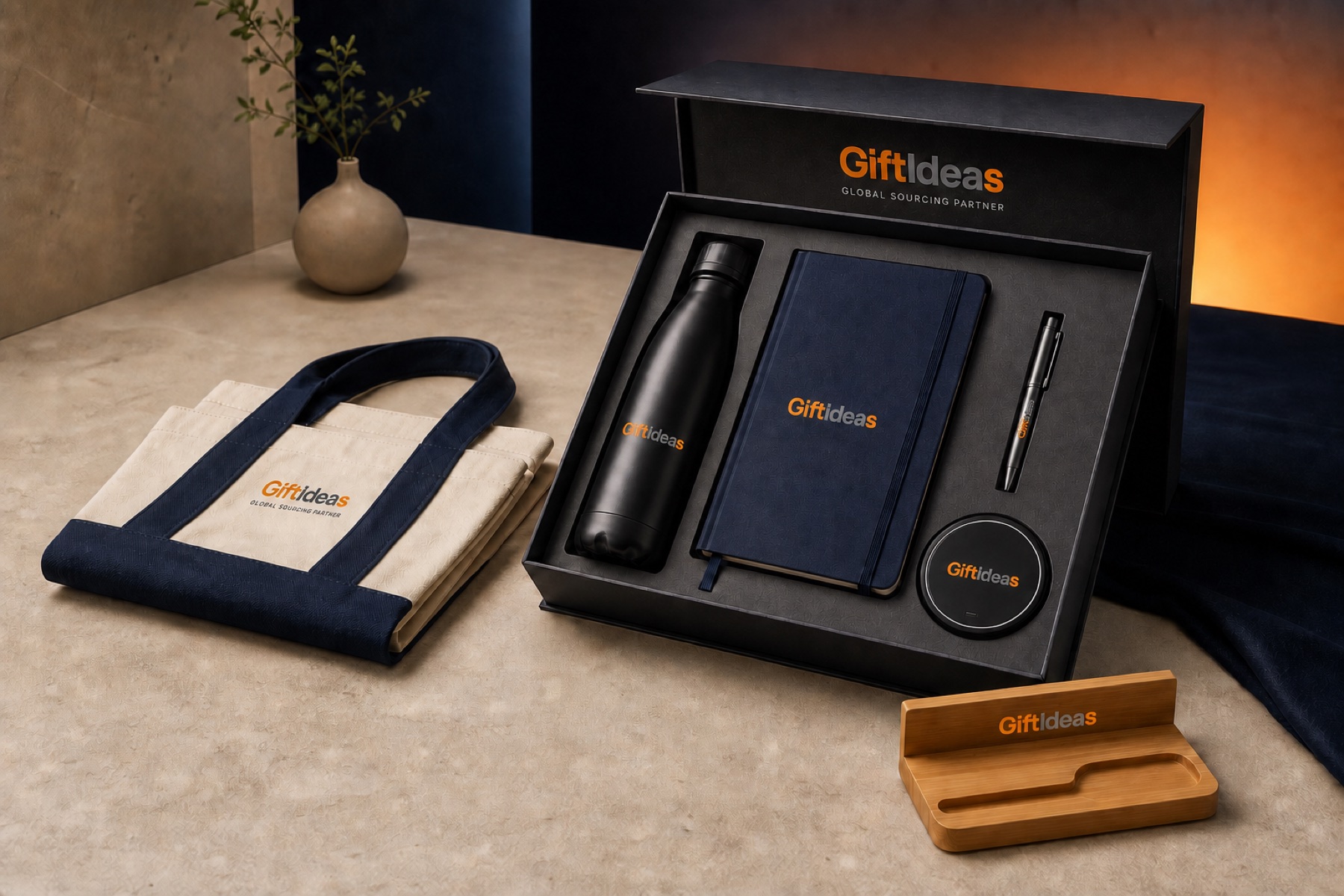 Giftideas branded reusable canvas tote, bamboo desk accessory and coordinated corporate gift set