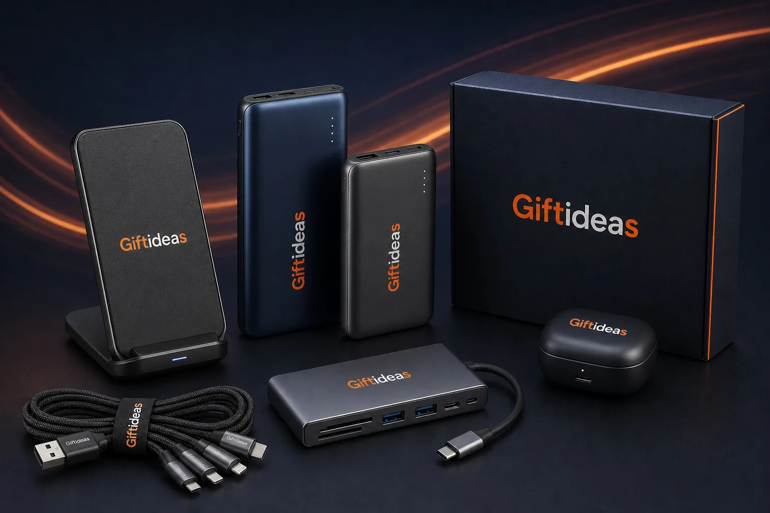 Giftideas branded promotional electronics in a premium commercial product photoshoot