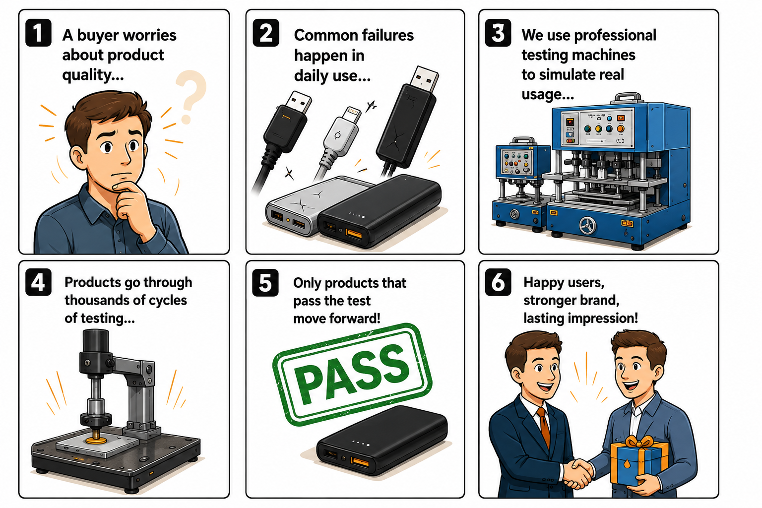 Giftideas quality story showing buyer concern, power-bank failures, professional testing and product approval