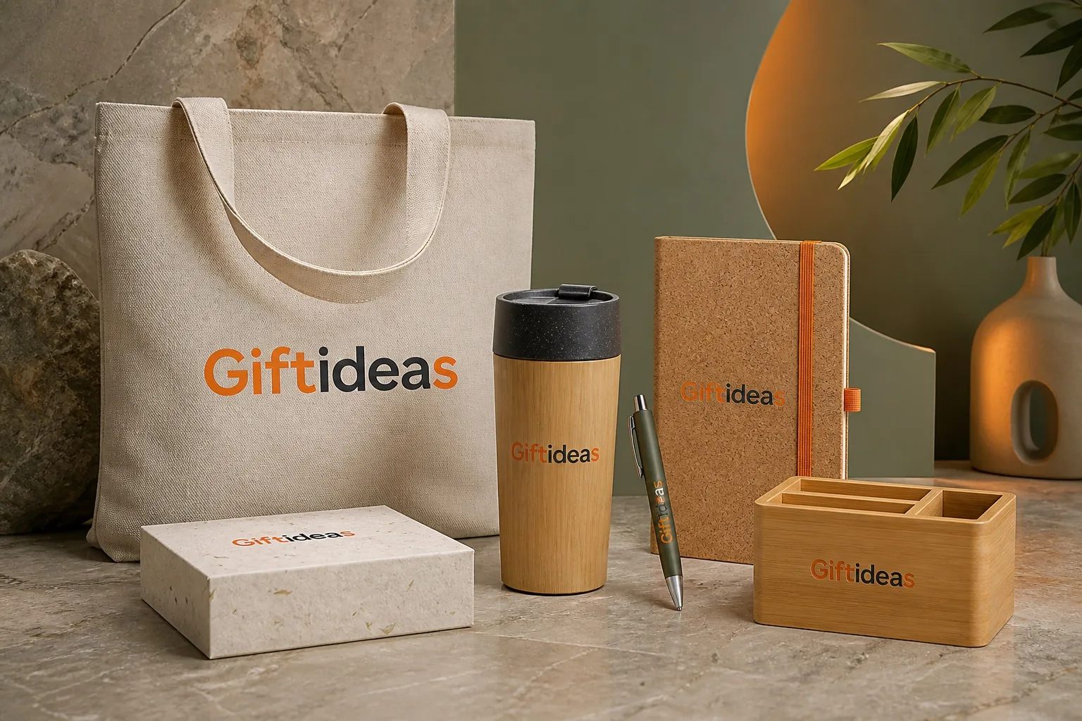 Giftideas branded sustainable corporate gifts in natural materials and reusable packaging