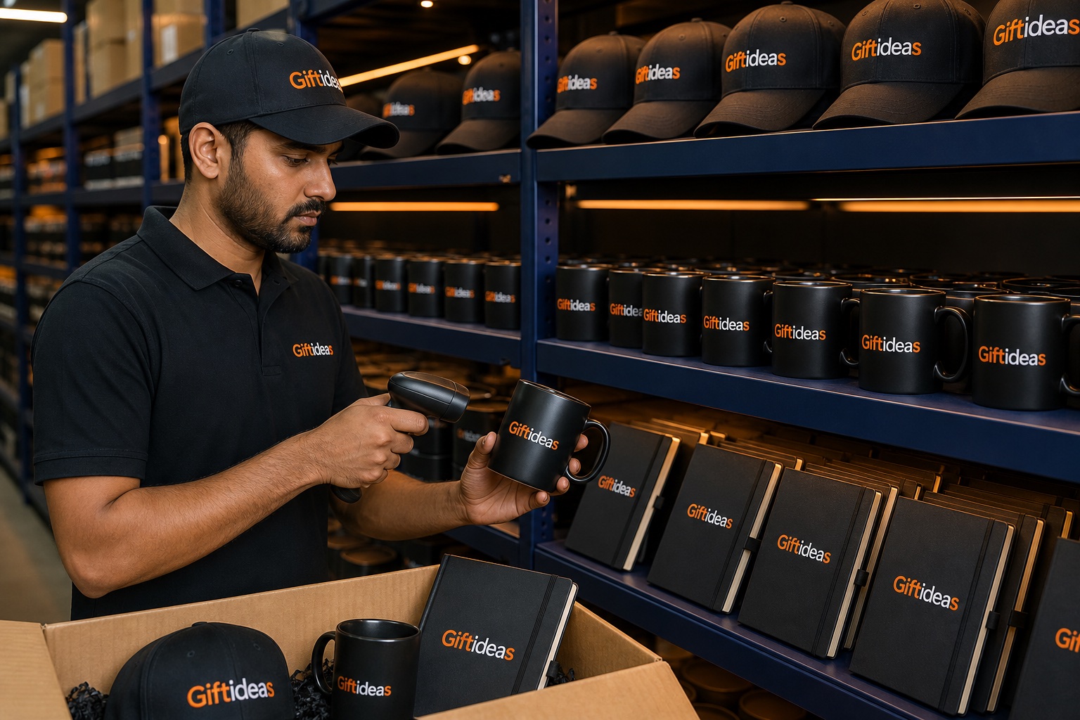 Giftideas fulfilment team selecting ready-stock branded gifts for an urgent order