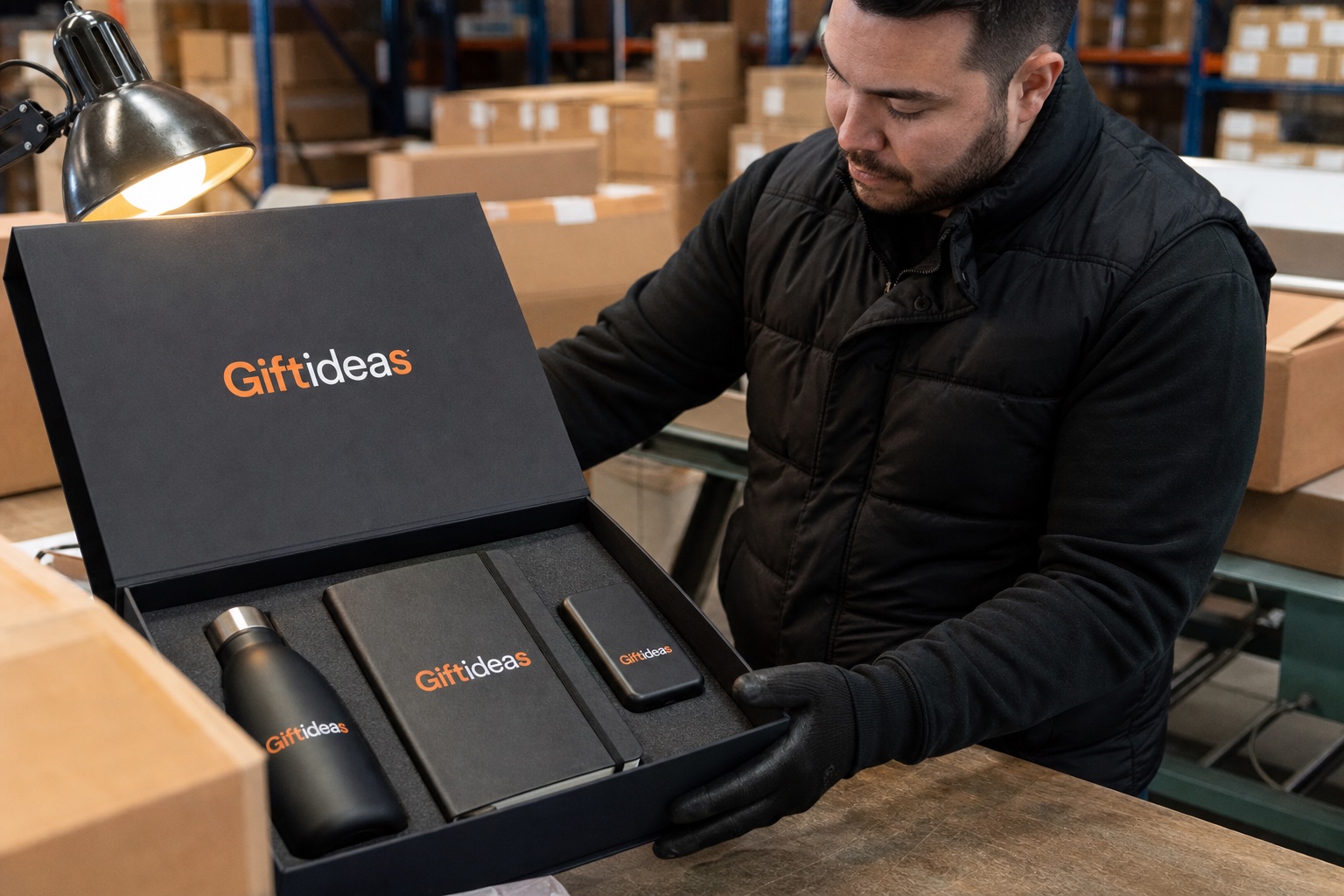 Giftideas export team packing branded corporate gifts for delivery to the United States