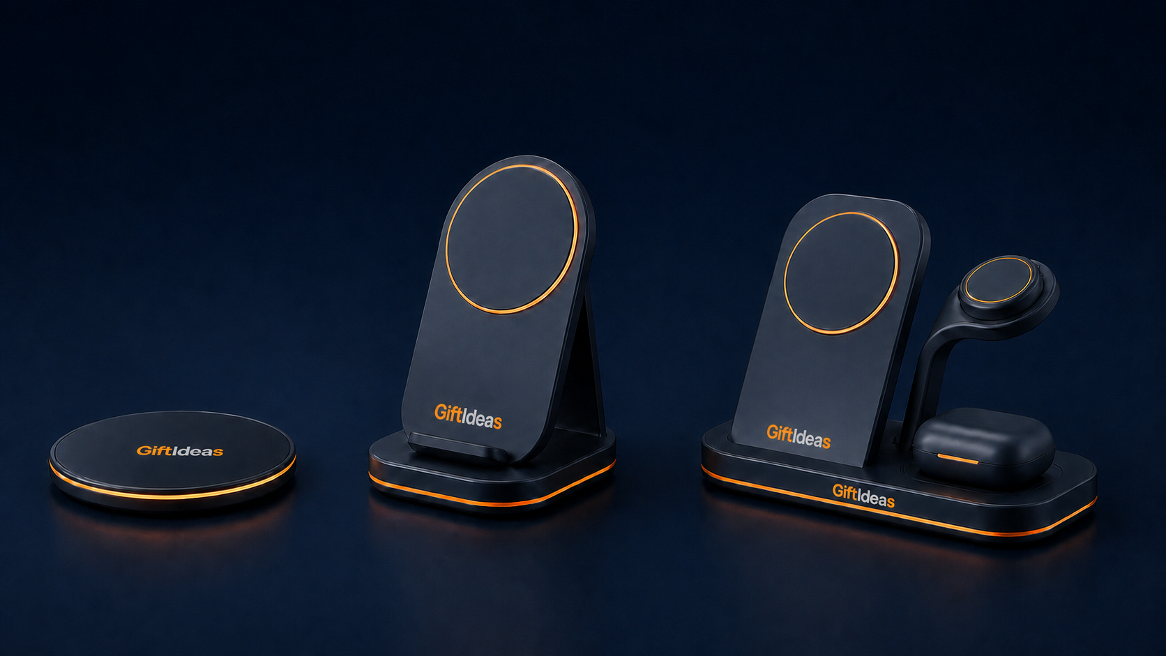 Giftideas branded OEM wireless charger range including charging pad, upright stand and multi-device station