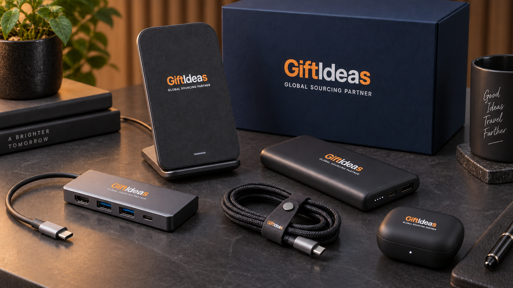 Giftideas branded technology gift collection with power banks, wireless chargers and presentation packaging
