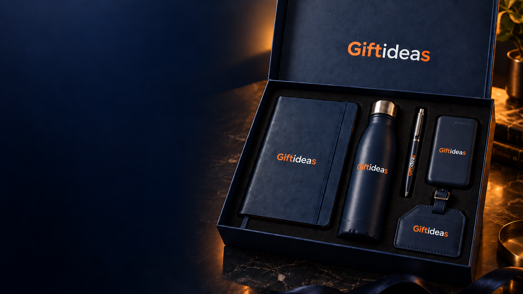 Premium Giftideas client and VIP executive gift set photographed in a navy studio