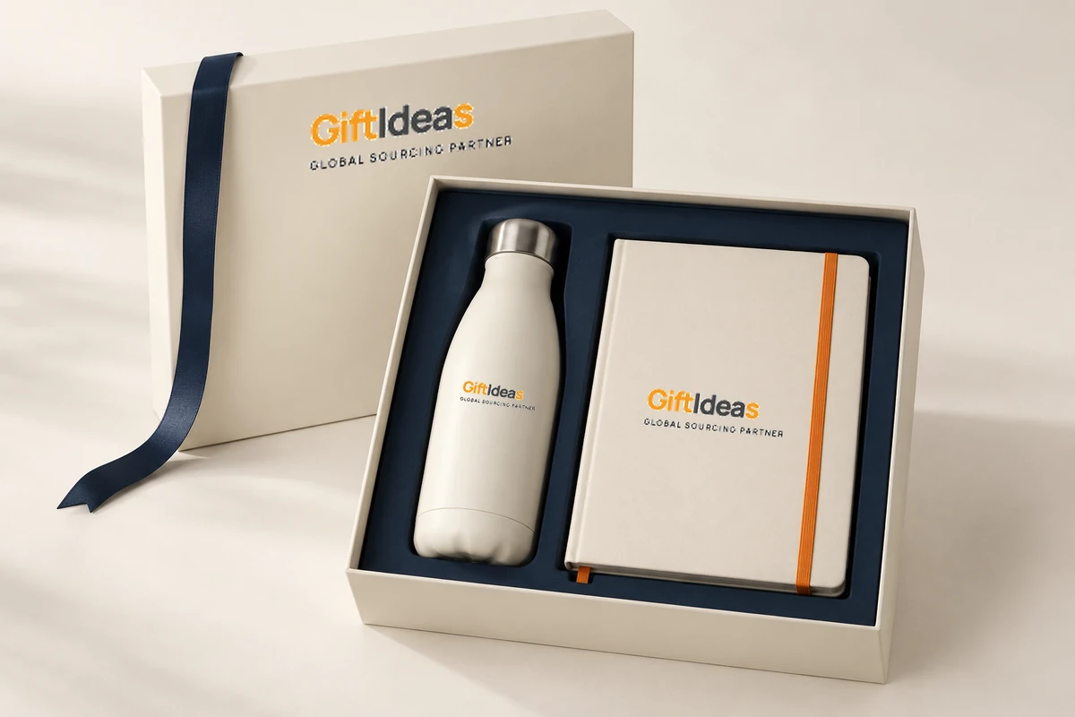 Giftideas-branded bottle and notebook in a coordinated gift box