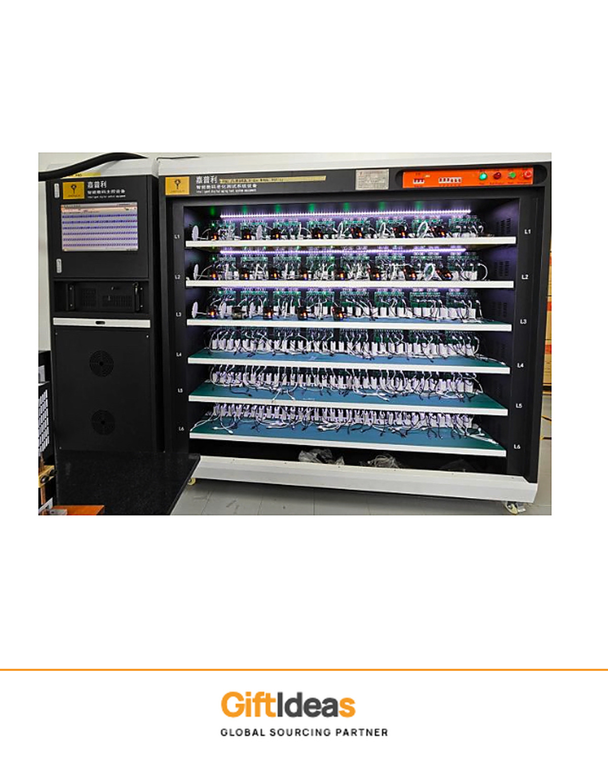 Digital aging test rack with multiple device shelves