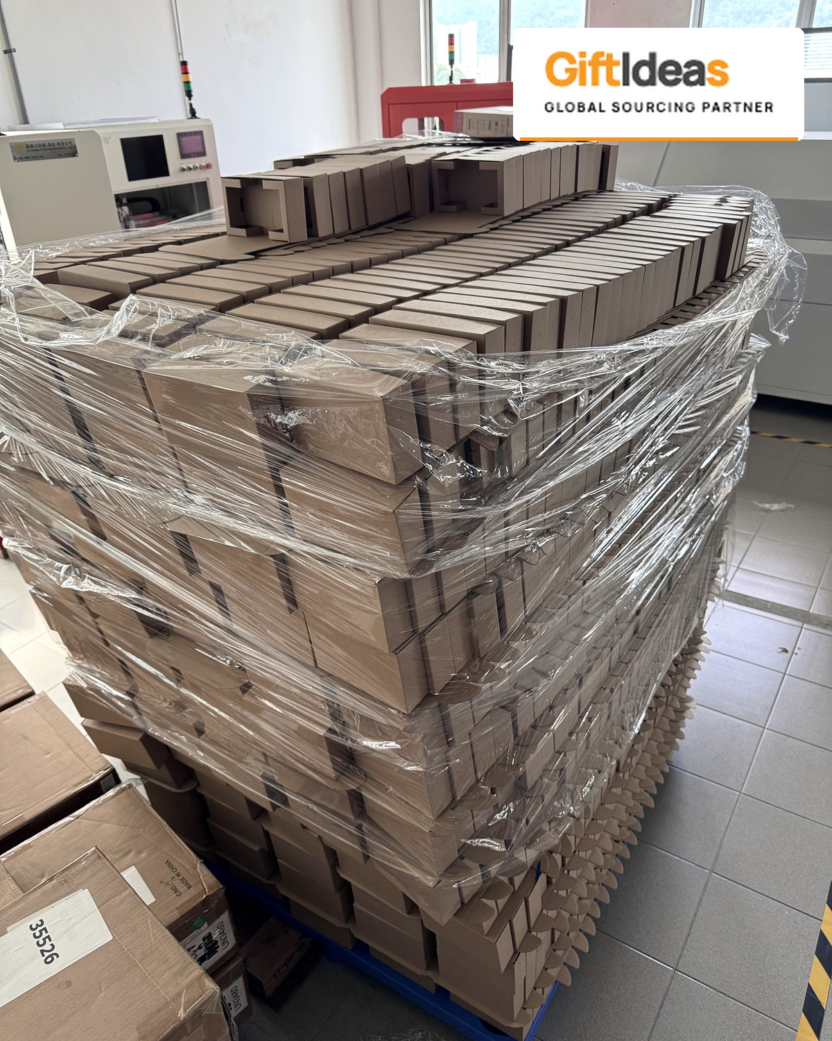 Close view of wrapped cartons on a pallet