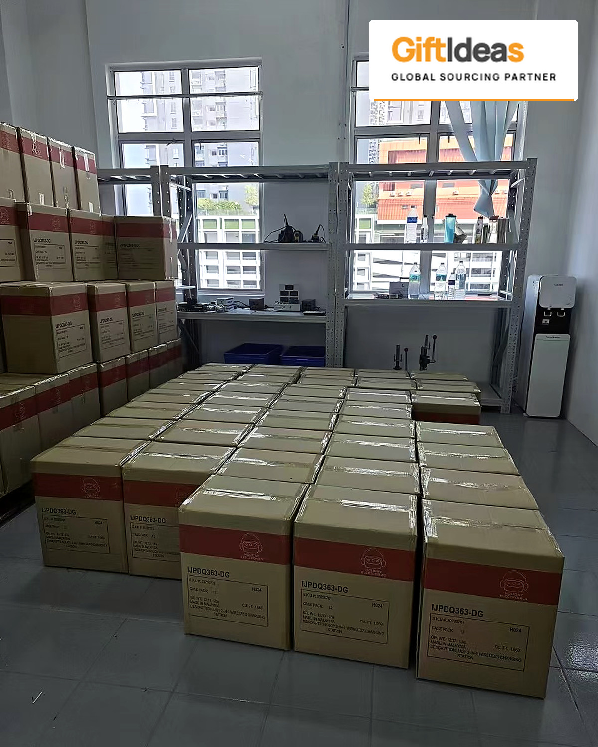 Packed cartons near the warehouse windows
